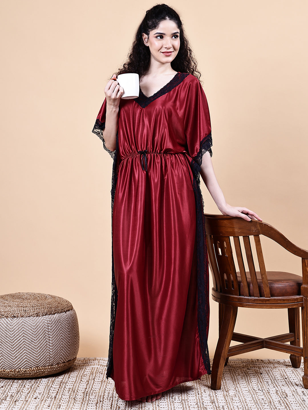 Maroon Solid Satin Kaftan Nighty