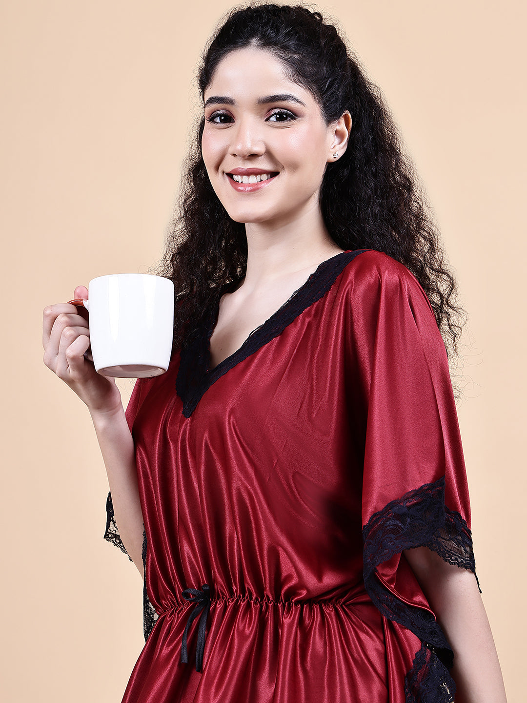 Maroon Solid Satin Kaftan Nighty
