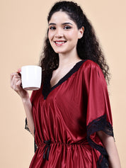 Maroon Solid Satin Kaftan Nighty