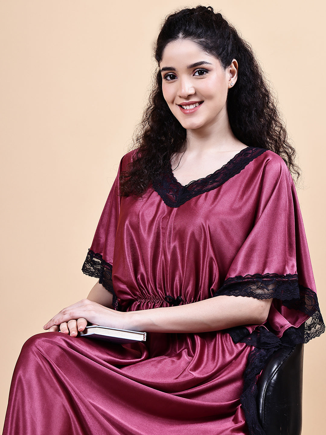 Wine Solid Satin Kaftan Nighty