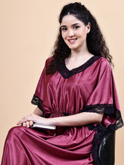 Wine Solid Satin Kaftan Nighty