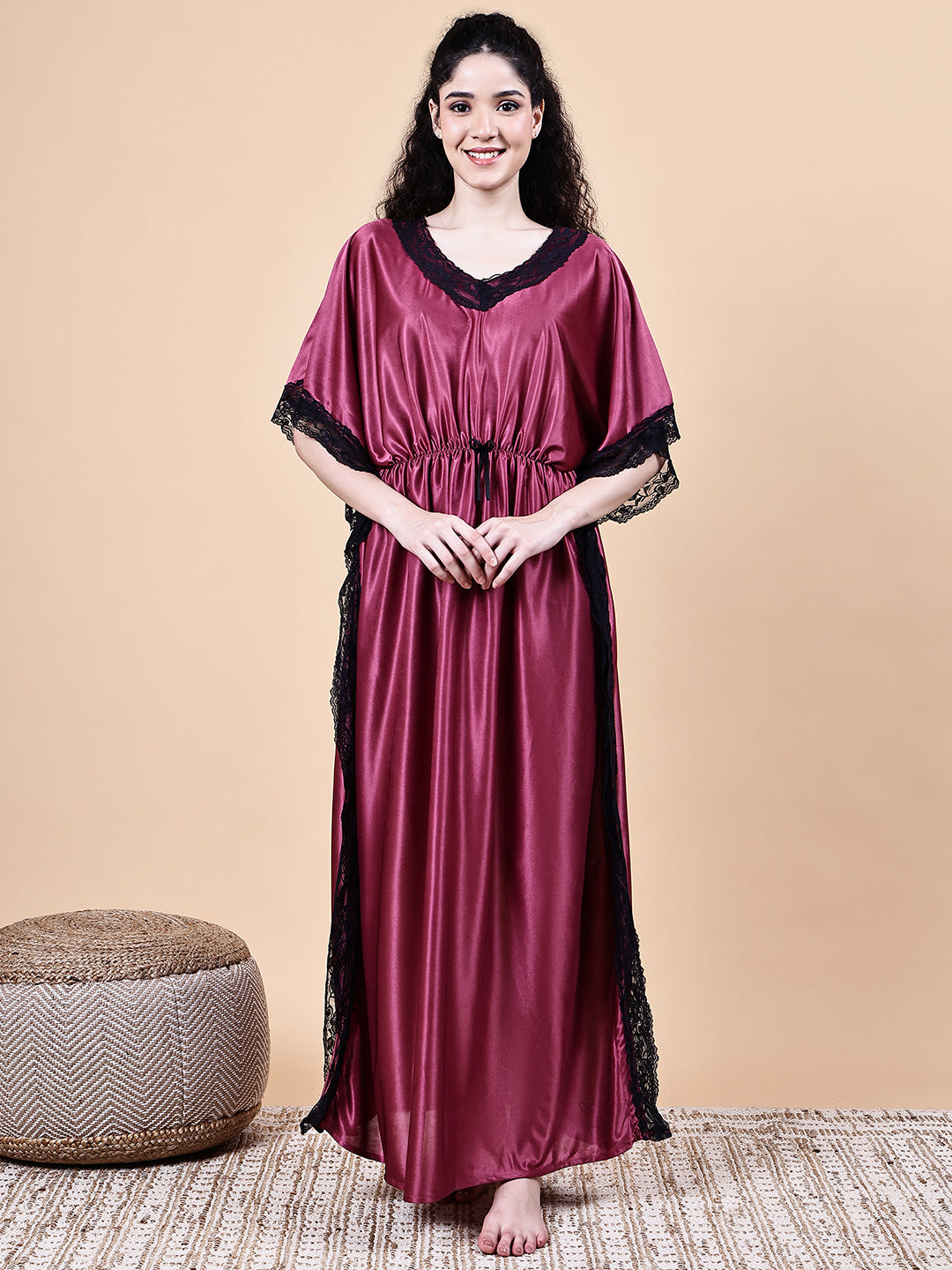Wine Solid Satin Kaftan Nighty