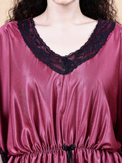 Wine Solid Satin Kaftan Nighty