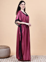 Wine Solid Satin Kaftan Nighty