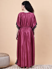 Wine Solid Satin Kaftan Nighty