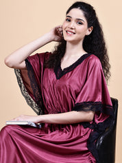 Wine Solid Satin Kaftan Nighty