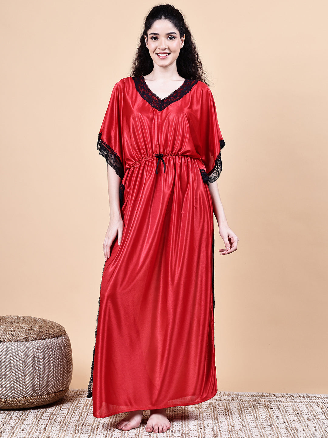 Red Solid Satin Kaftan Nighty