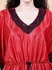 Red Solid Satin Kaftan Nighty