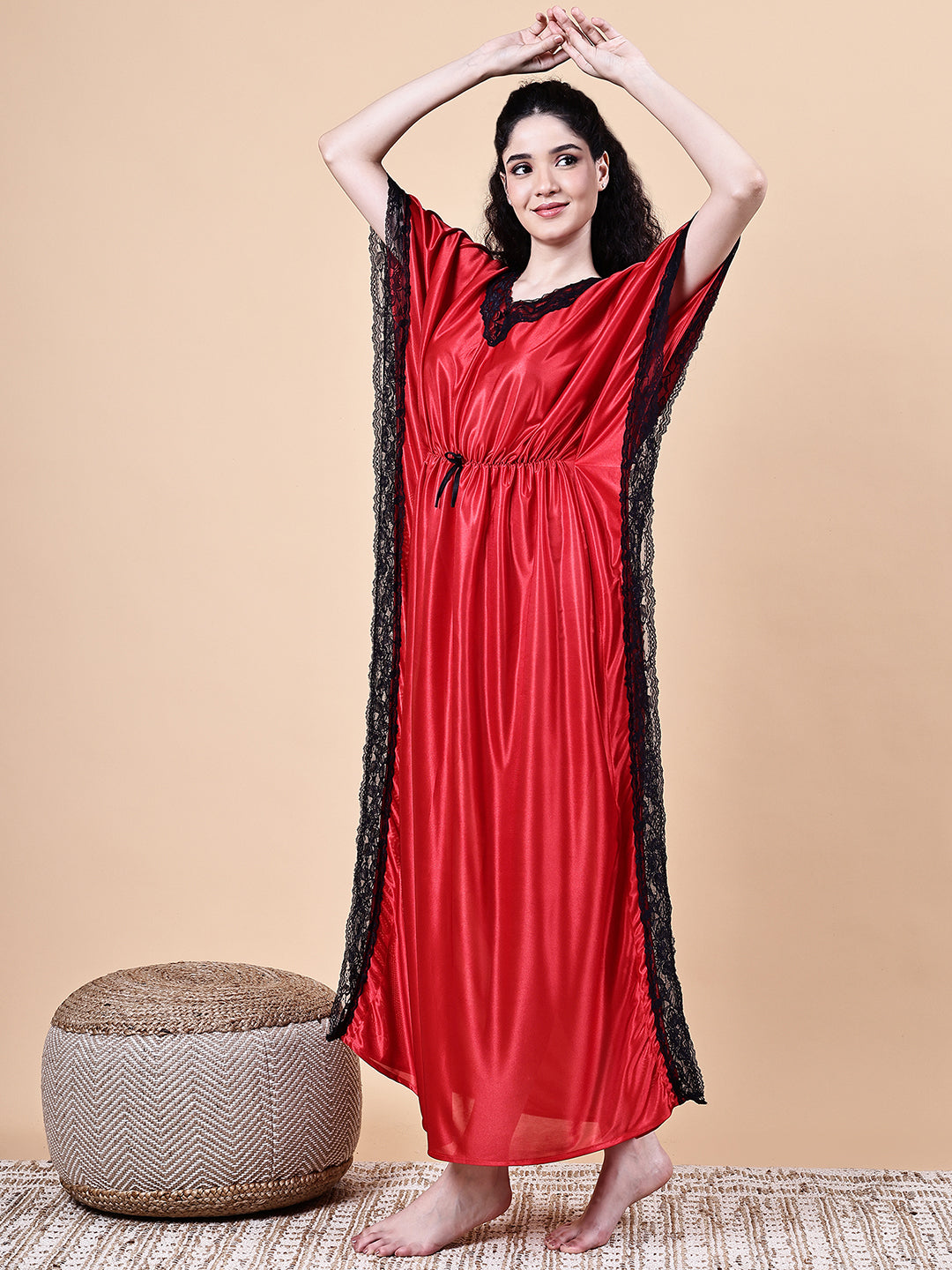 Red Solid Satin Kaftan Nighty