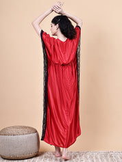 Red Solid Satin Kaftan Nighty