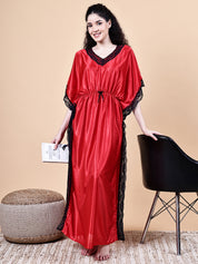 Red Solid Satin Kaftan Nighty