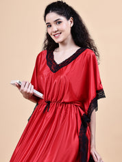 Red Solid Satin Kaftan Nighty