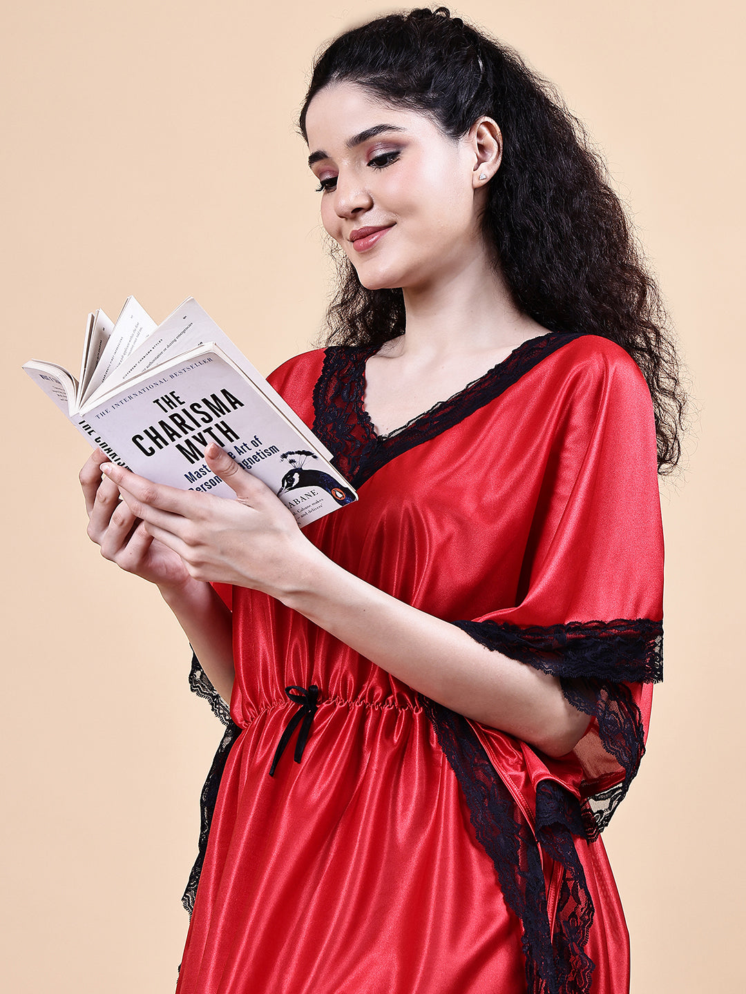 Red Solid Satin Kaftan Nighty