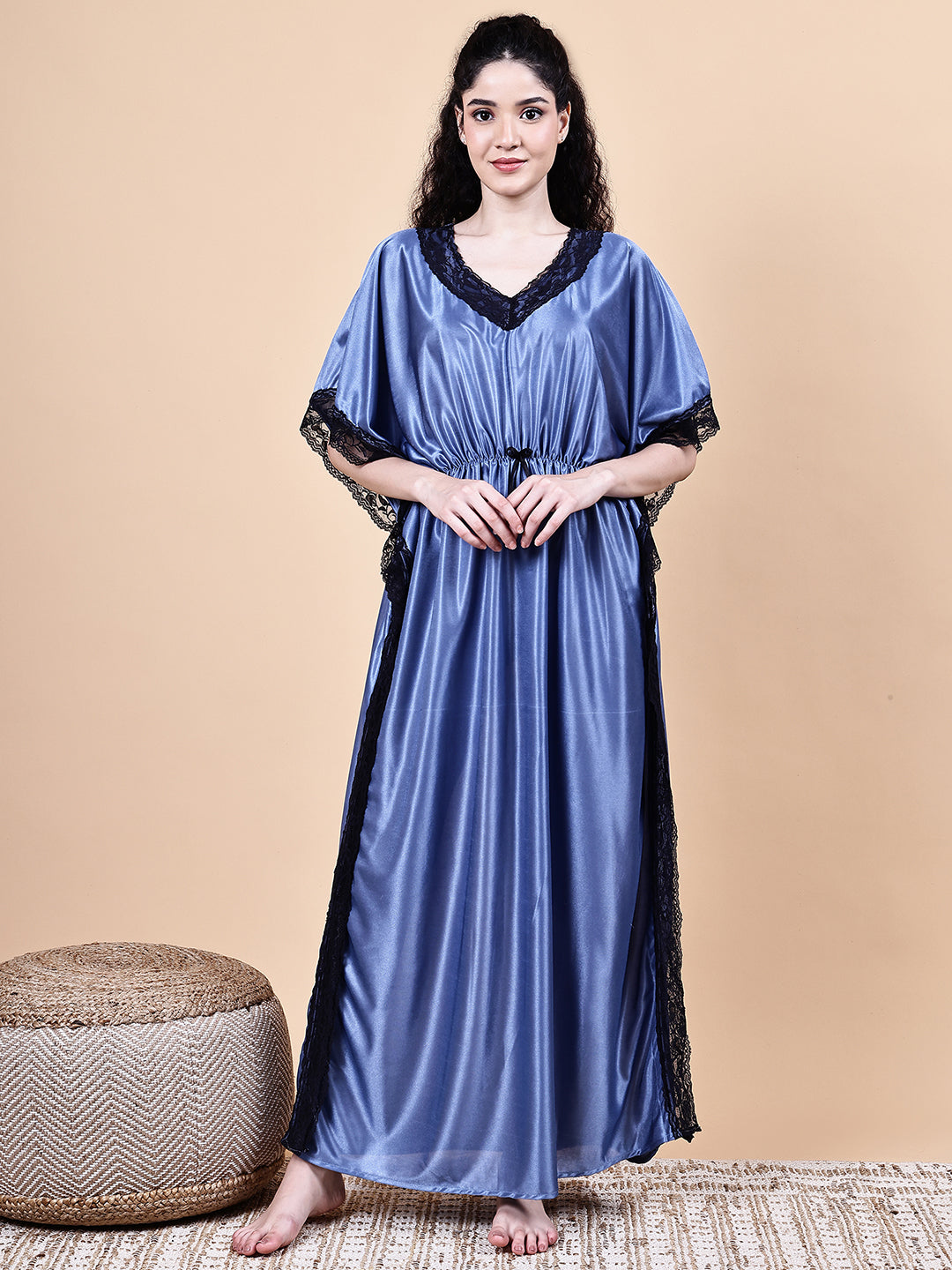 Blue Solid Satin Kaftan Nighty