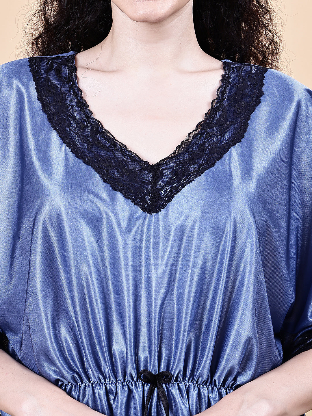 Blue Solid Satin Kaftan Nighty