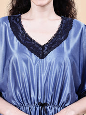 Blue Solid Satin Kaftan Nighty