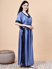 Blue Solid Satin Kaftan Nighty