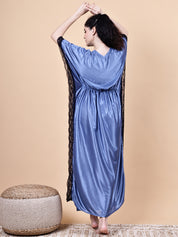 Blue Solid Satin Kaftan Nighty