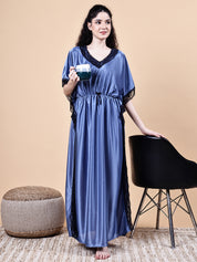Blue Solid Satin Kaftan Nighty