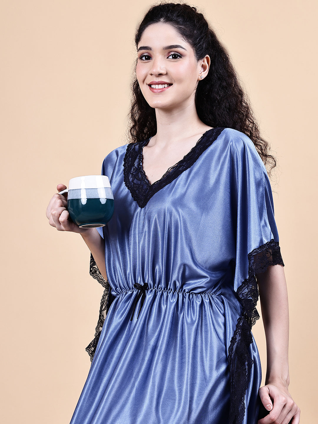 Blue Solid Satin Kaftan Nighty