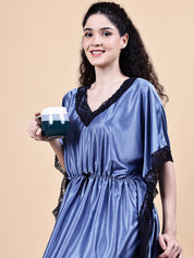 Blue Solid Satin Kaftan Nighty