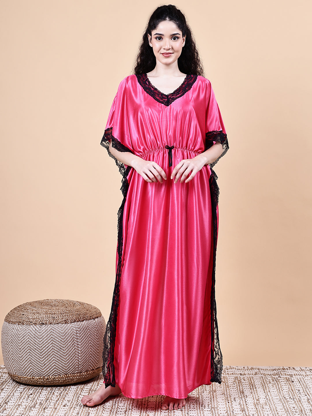 Pink Solid Satin Kaftan Nighty