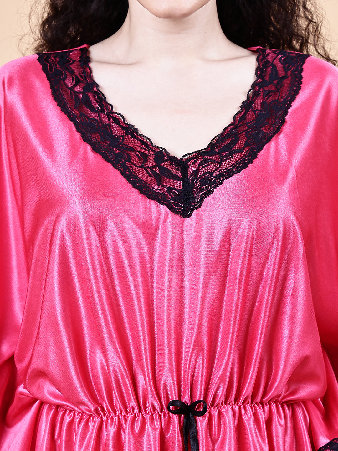 Pink Solid Satin Kaftan Nighty