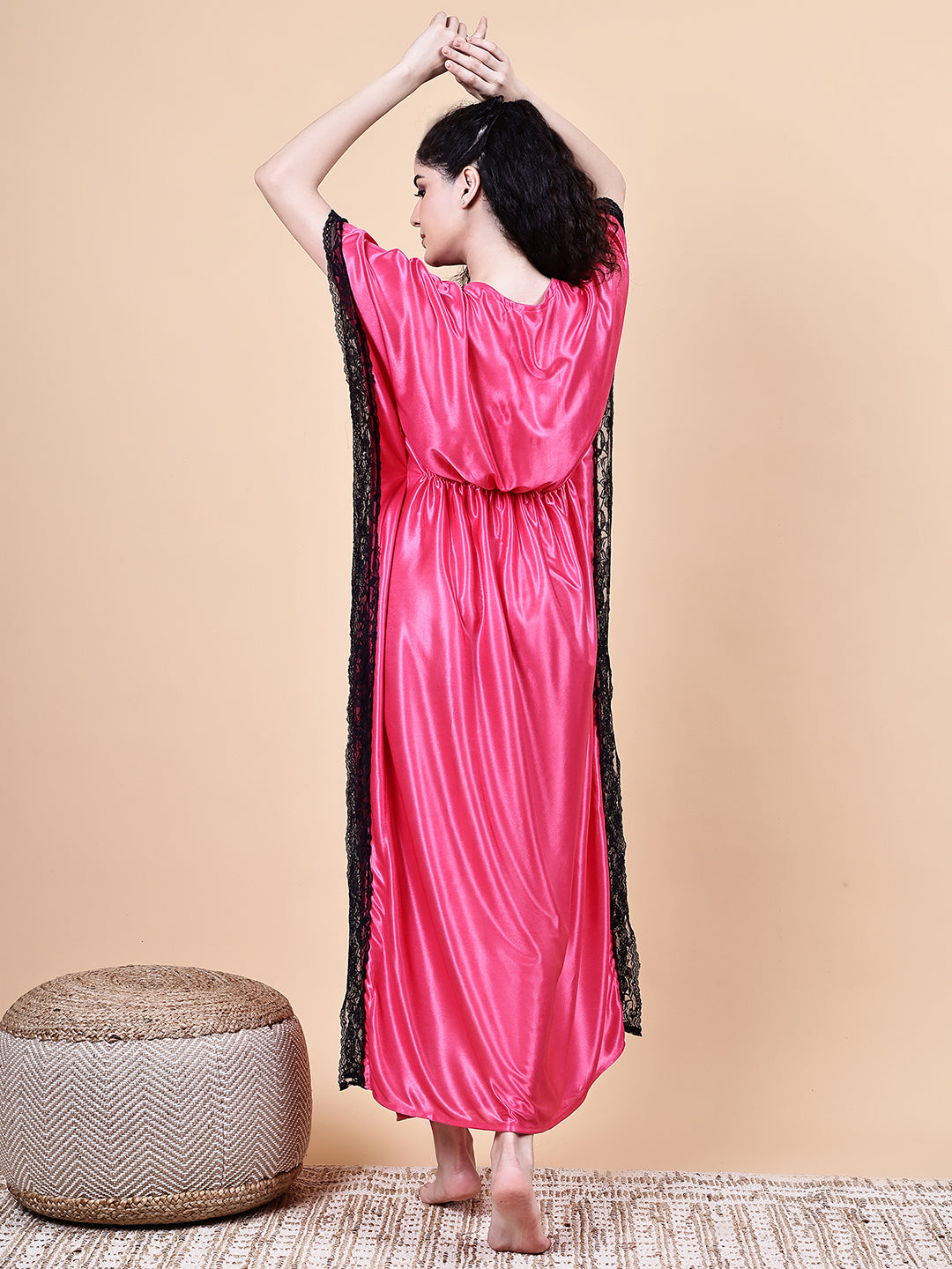 Pink Solid Satin Kaftan Nighty