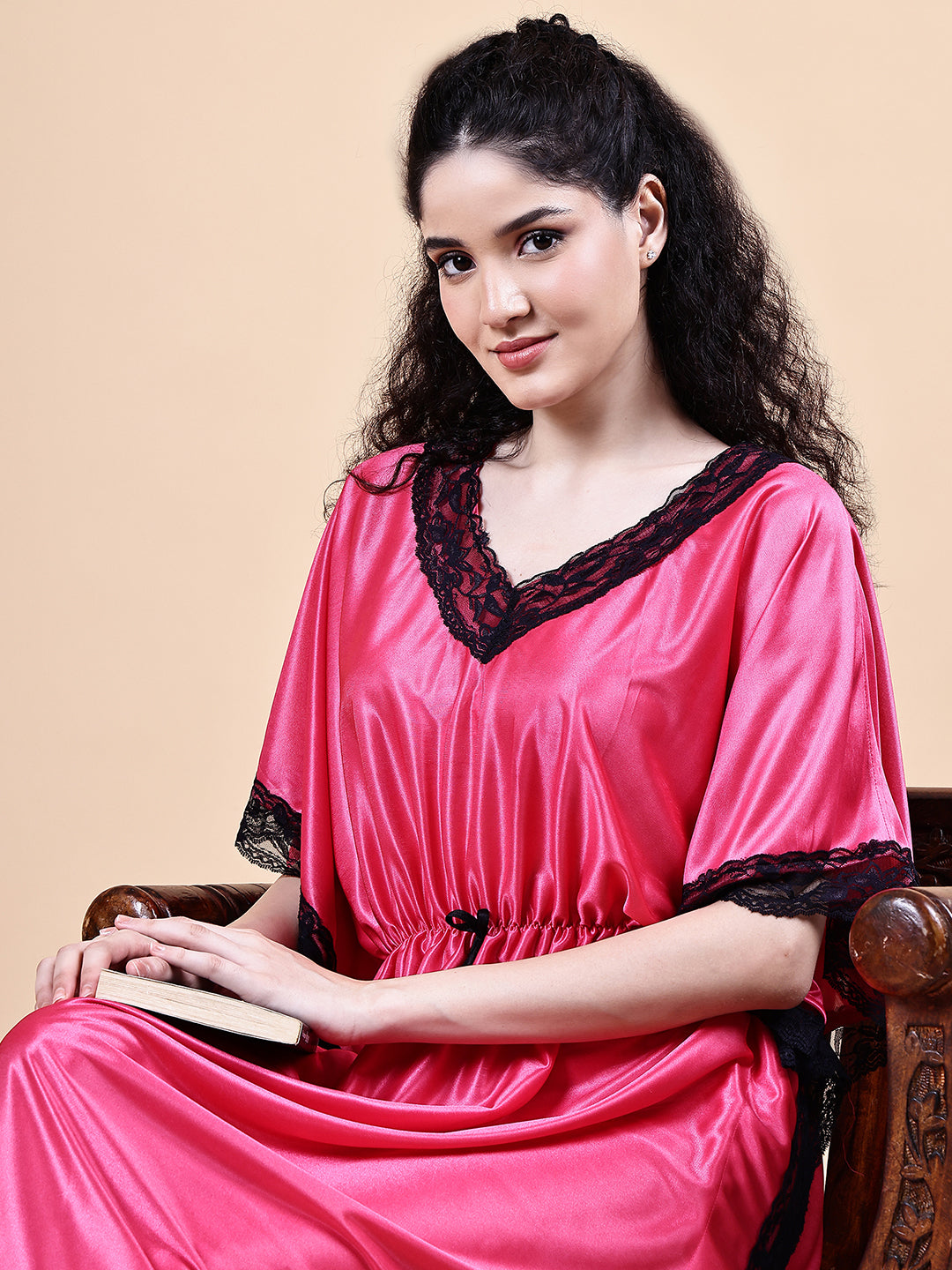 Pink Solid Satin Kaftan Nighty
