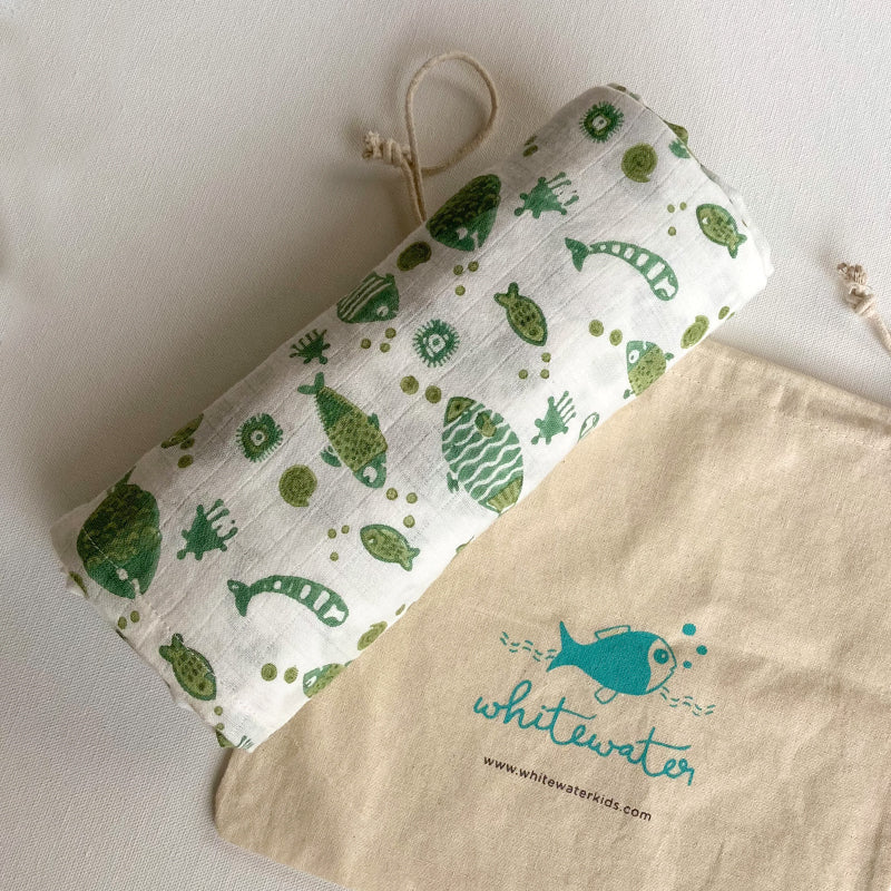 WHITEWATER KIDS GIFT SET - ORGANIC FISH PRINT KAPOK PILLOW + SWADDLE