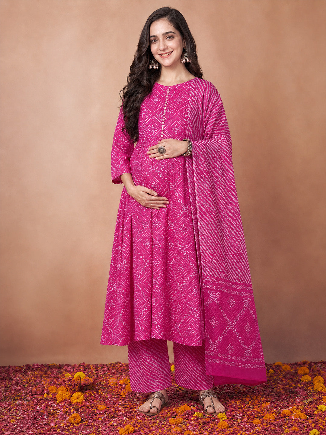 Amoha By Secret Wish Pink Bandhani Cotton Maternity Kurta with Trouser and Dupatta