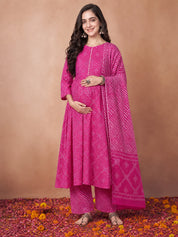 Amoha By Secret Wish Pink Bandhani Cotton Maternity Kurta with Trouser and Dupatta