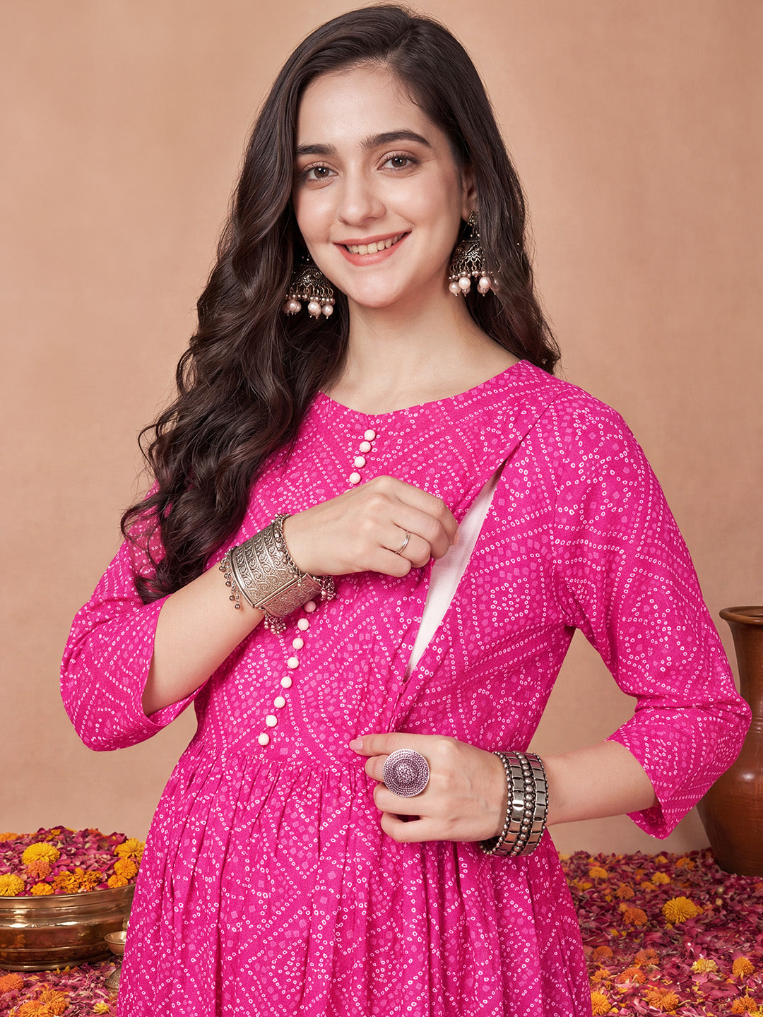 Amoha By Secret Wish Pink Bandhani Cotton Maternity Kurta with Trouser and Dupatta