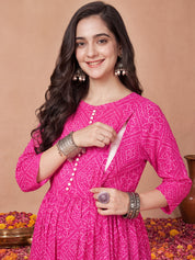 Amoha By Secret Wish Pink Bandhani Cotton Maternity Kurta with Trouser and Dupatta