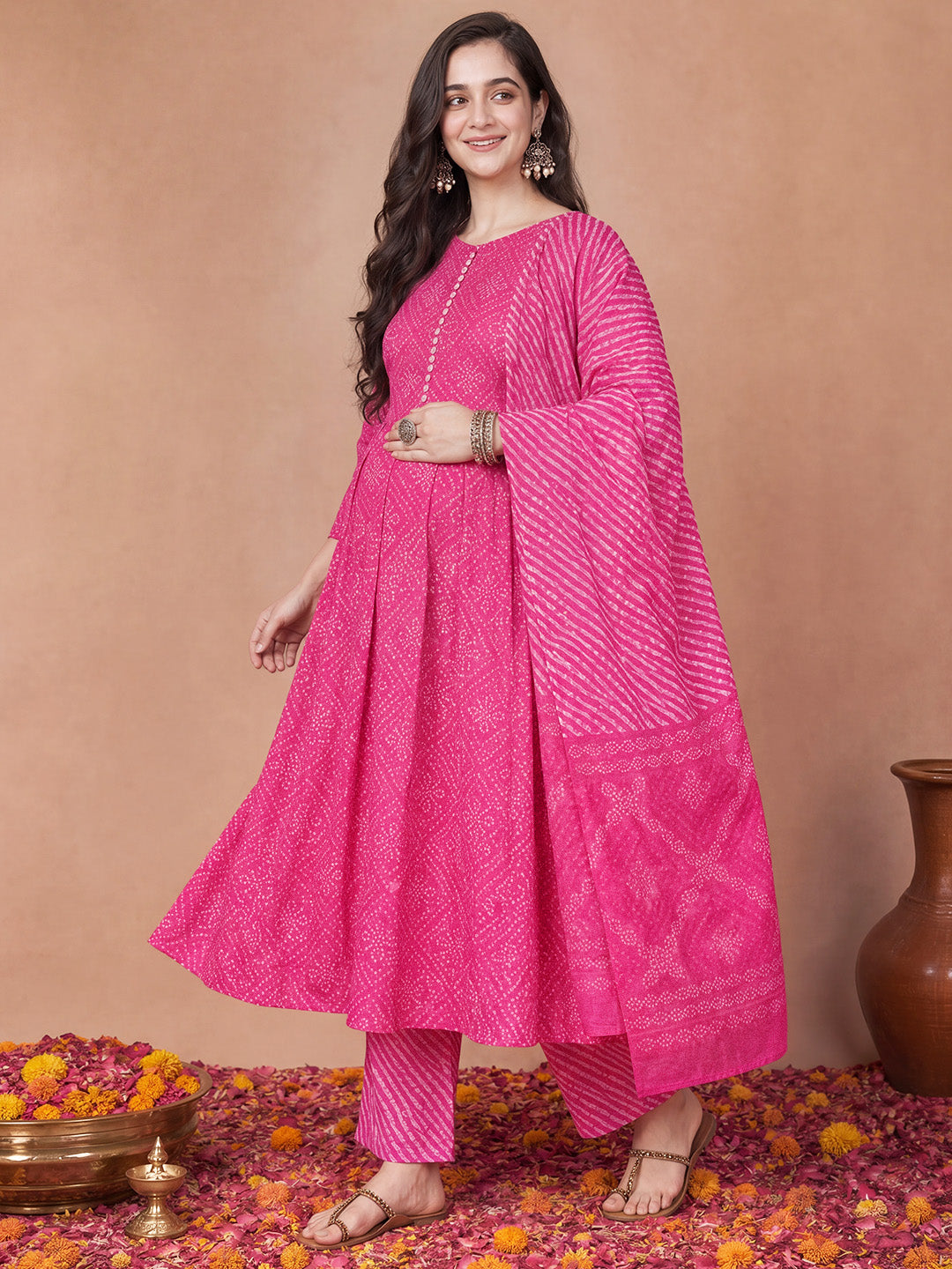 Amoha By Secret Wish Pink Bandhani Cotton Maternity Kurta with Trouser and Dupatta