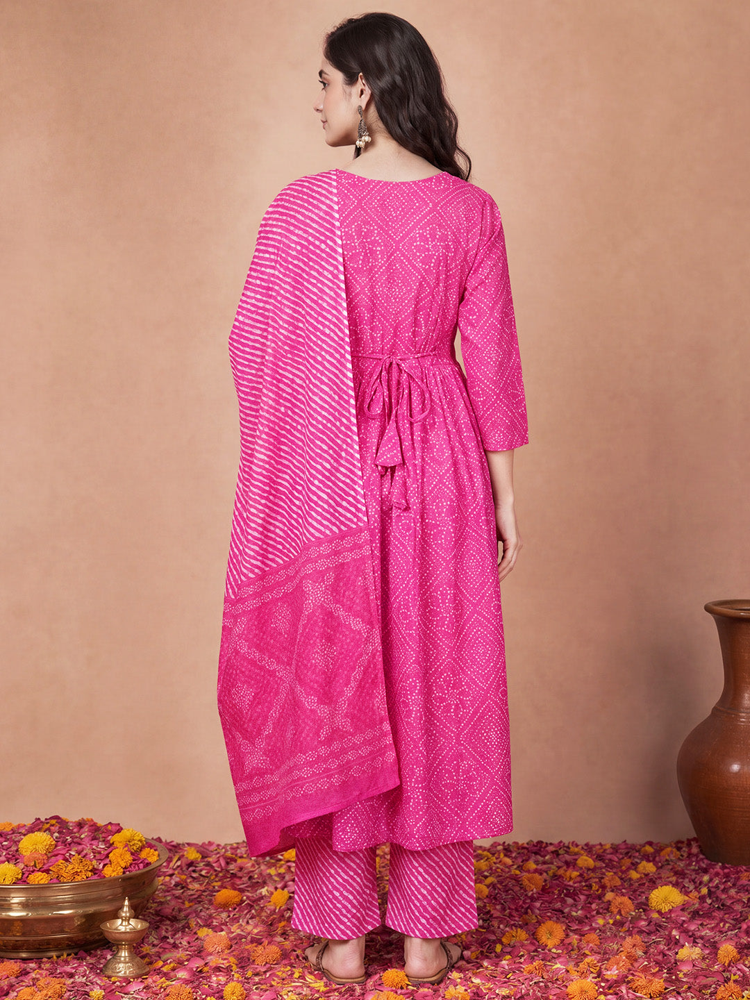 Amoha By Secret Wish Pink Bandhani Cotton Maternity Kurta with Trouser and Dupatta