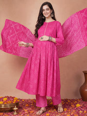 Amoha By Secret Wish Pink Bandhani Cotton Maternity Kurta with Trouser and Dupatta