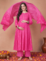 Amoha By Secret Wish Pink Bandhani Cotton Maternity Kurta with Trouser and Dupatta