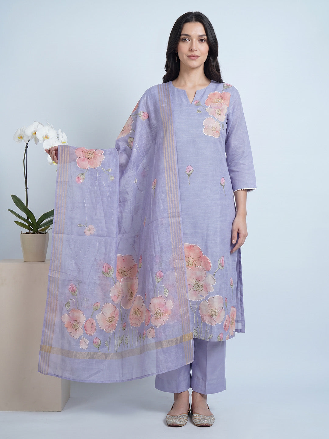 amoha by Secret Wish Lavender Floral Cotton Blend Non-Maternity Kurta Set