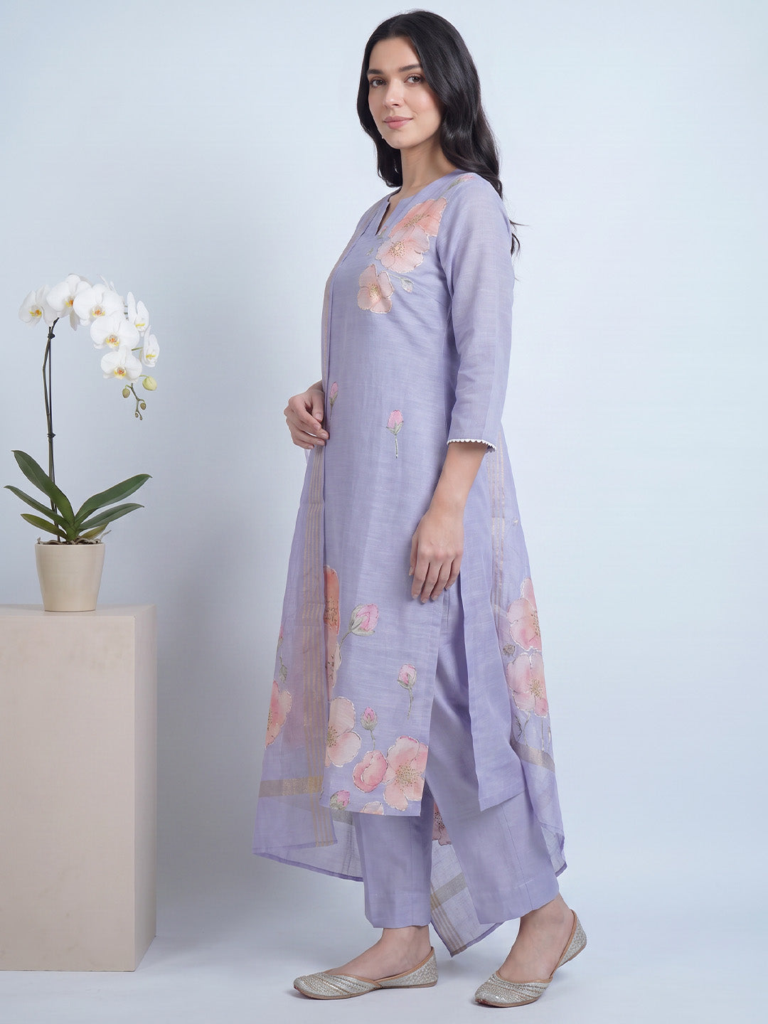 amoha by Secret Wish Lavender Floral Cotton Blend Non-Maternity Kurta Set