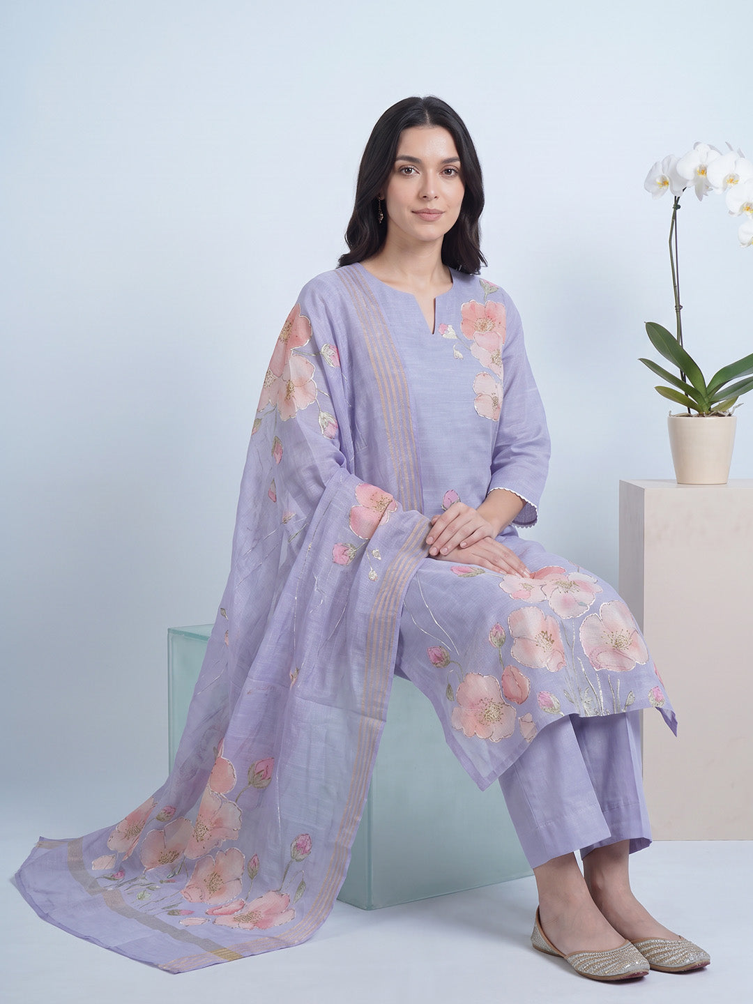 amoha by Secret Wish Lavender Floral Cotton Blend Non-Maternity Kurta Set
