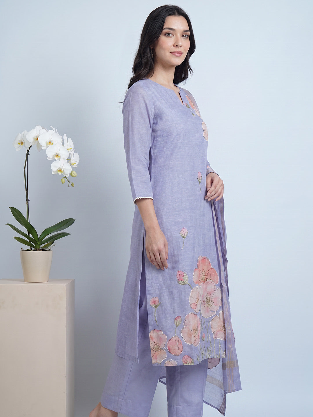 amoha by Secret Wish Lavender Floral Cotton Blend Non-Maternity Kurta Set