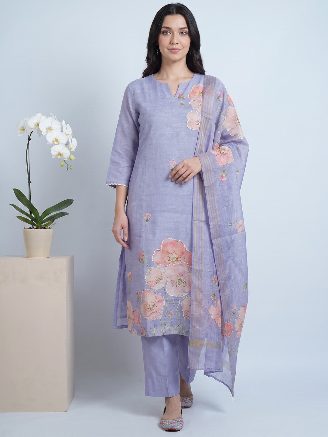 amoha by Secret Wish Lavender Floral Cotton Blend Non-Maternity Kurta Set