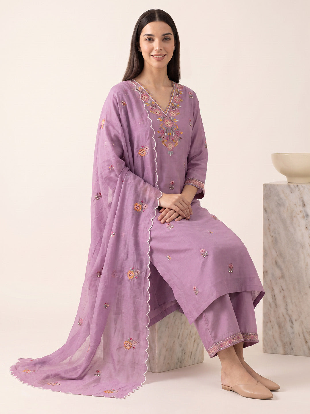 amoha by Secret Wish Purple Floral Cotton Blend Non-Maternity Kurta Set