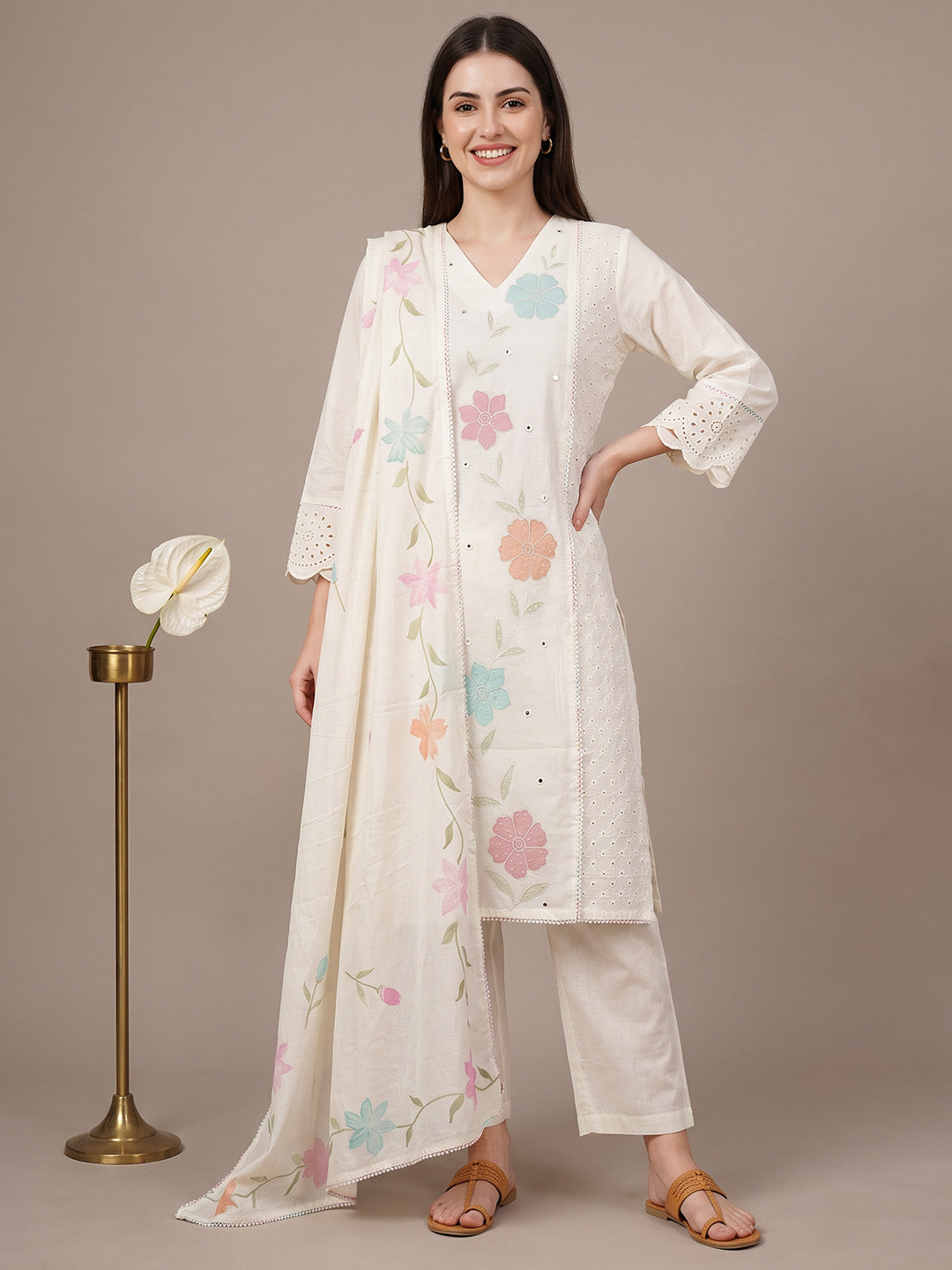 amoha by Secret Wish White Floral Cotton Blend Non-Maternity Kurta Set