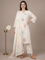 amoha by Secret Wish White Floral Cotton Blend Non-Maternity Kurta Set
