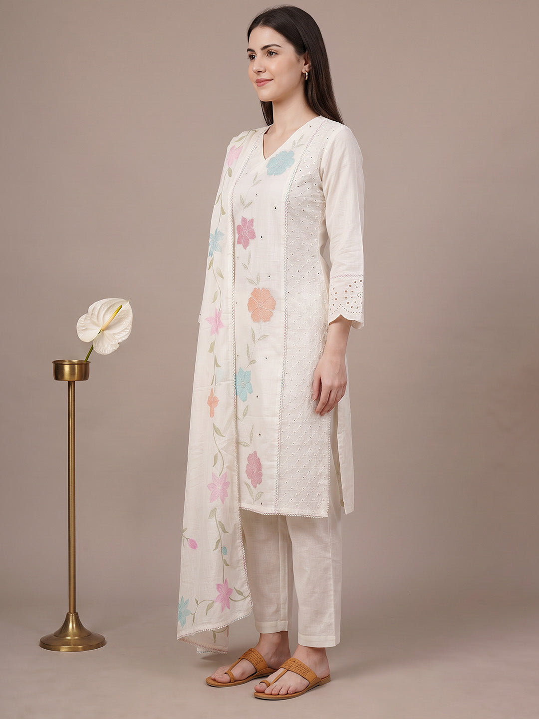 White Floral Cotton Blend Kurta Set (Non-Maternity)