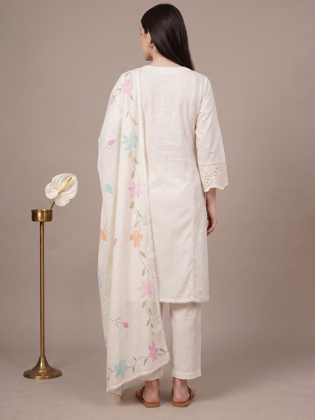 amoha by Secret Wish White Floral Cotton Blend Non-Maternity Kurta Set