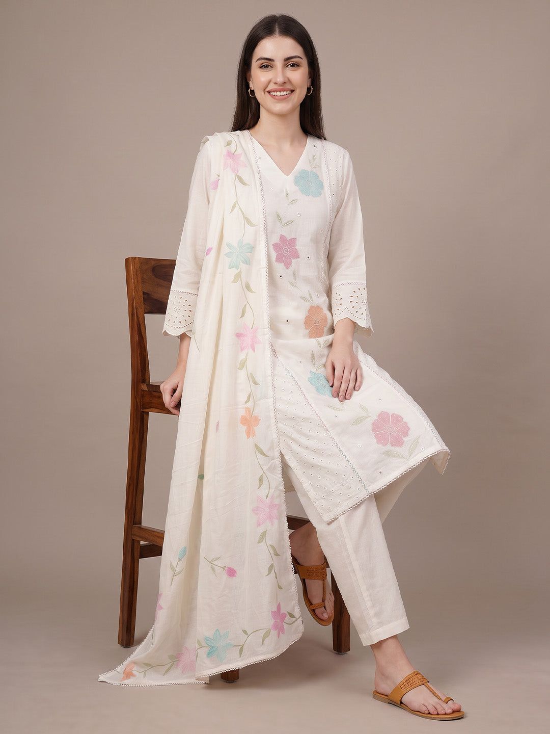 amoha by Secret Wish White Floral Cotton Blend Non-Maternity Kurta Set