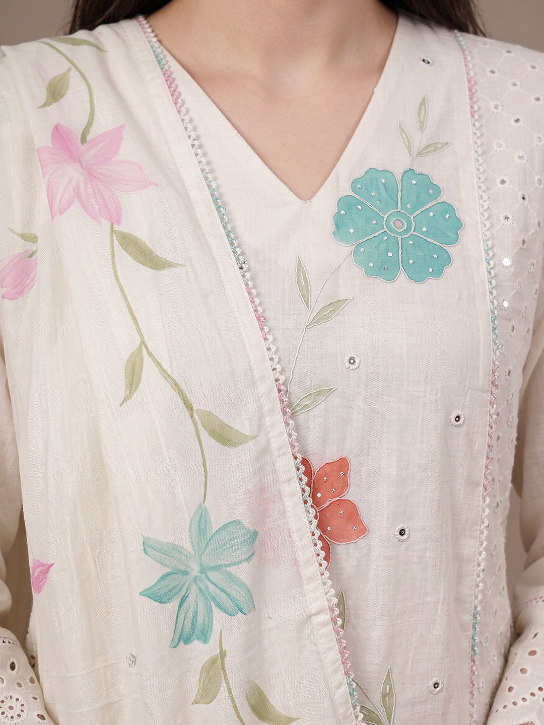 amoha by Secret Wish White Floral Cotton Blend Non-Maternity Kurta Set